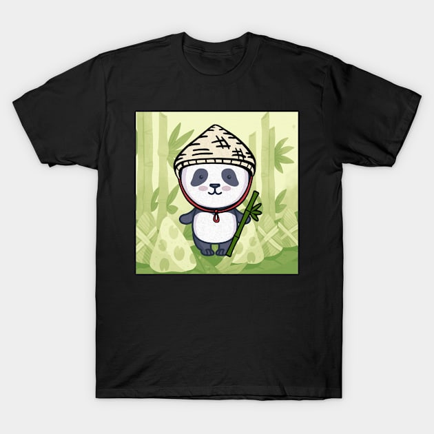 funny panda with bamboo in green panda bear T-Shirt by KK-Royal